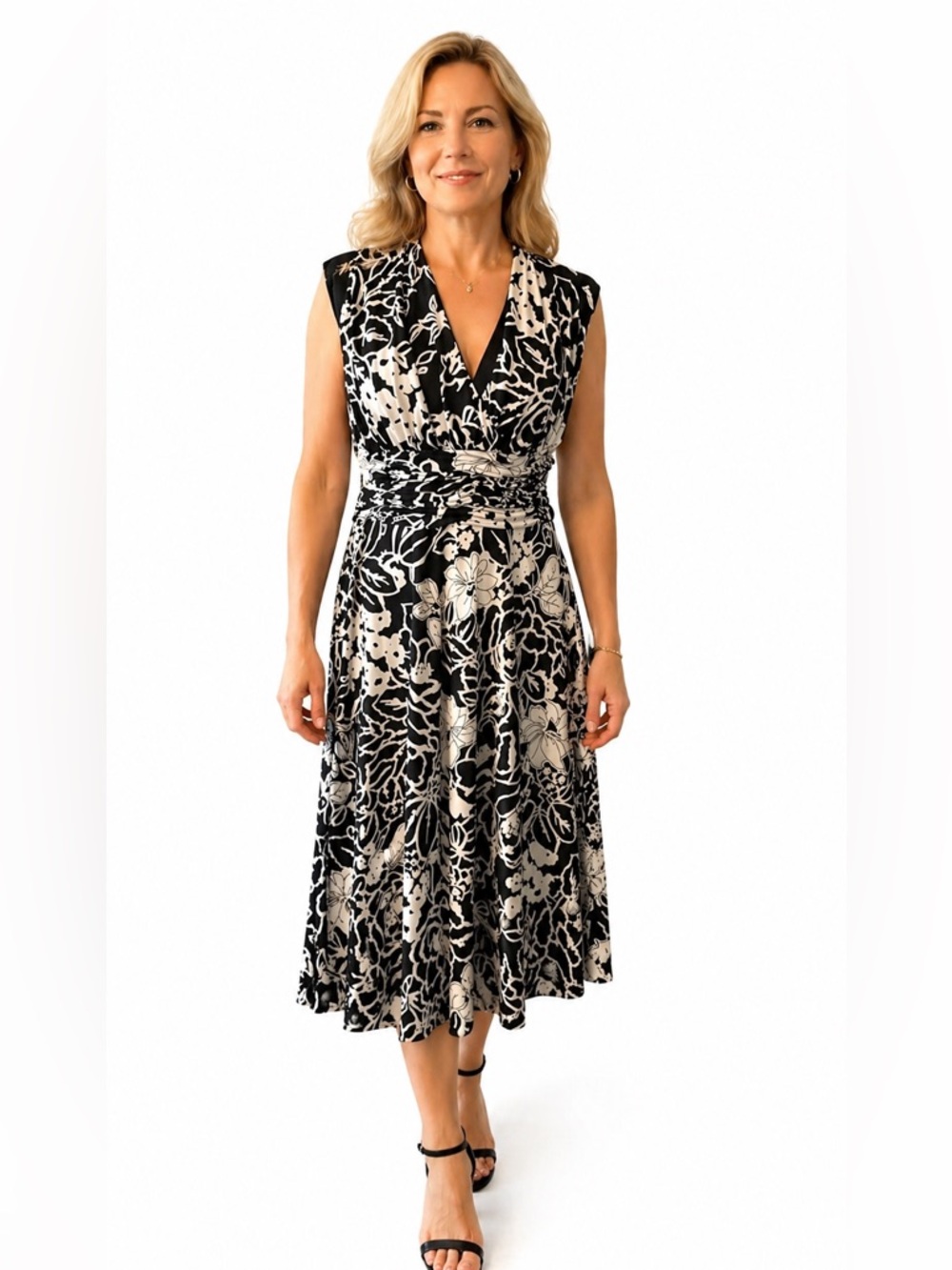 Jones Wear Black and White Floral Midi Dress Size 8